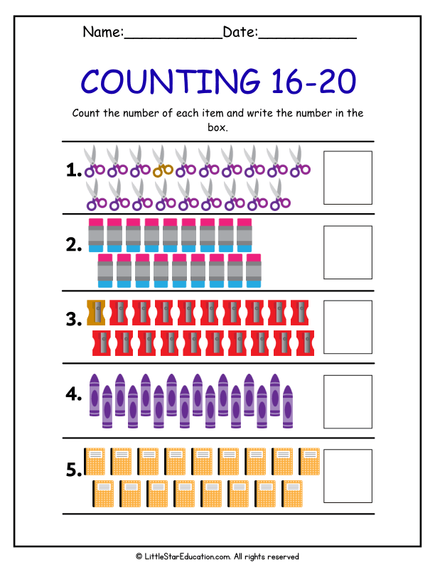 Counting Objects and Numbers 16-20 Practice for First Grade Math