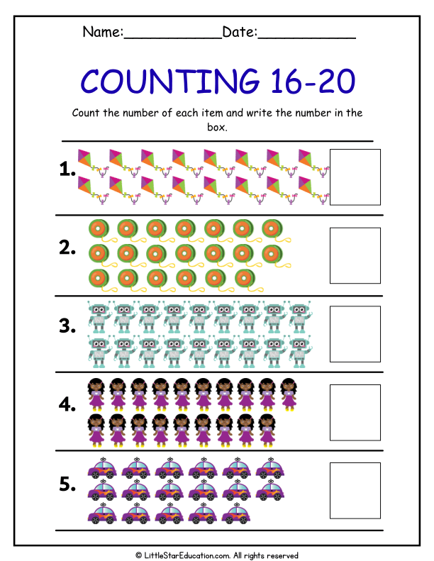 Counting Practice Numbers 16-20 for First Grade Math