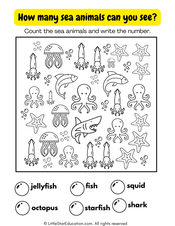 Counting Sea Animals Math Practice for Pre-K and Kindergarten