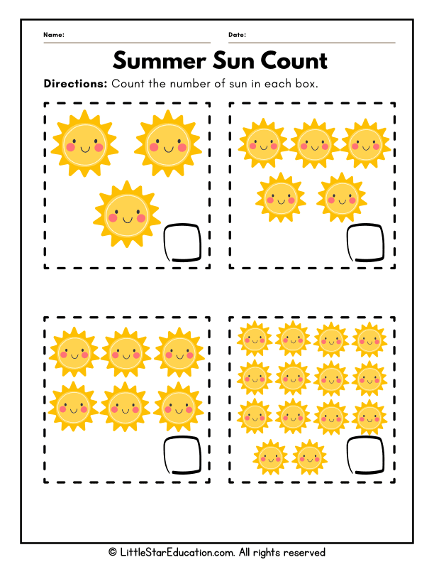 Counting Summer Suns Math Practice for Preschool and Kindergarten