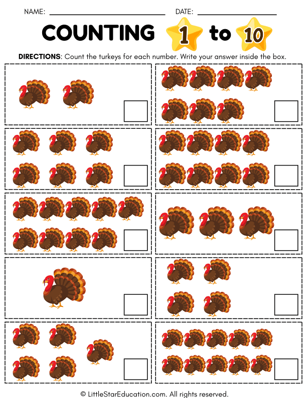 Counting Turkeys Numbers 1-10 for Preschool and Kindergarten Math