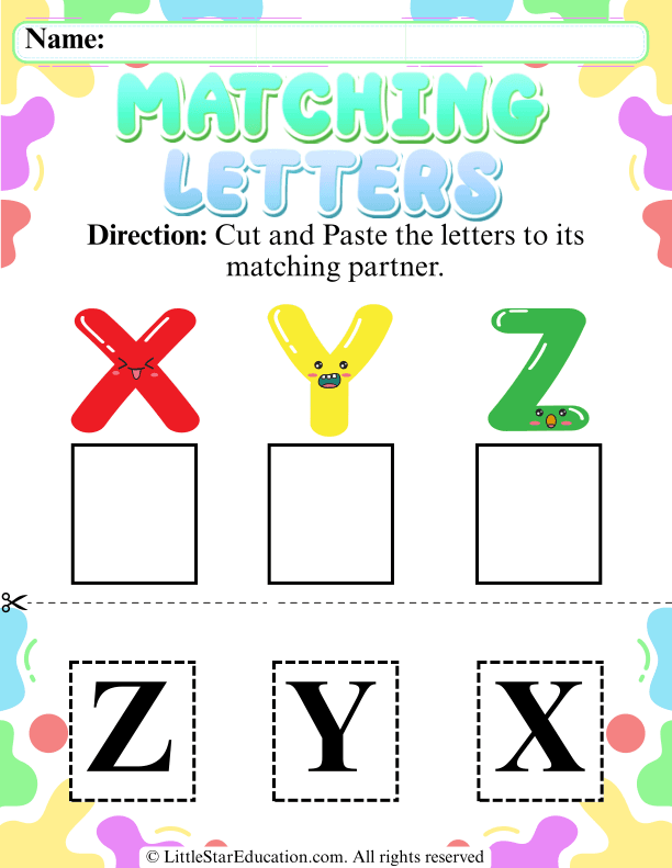 Cut and Paste Letter Matching for Early Alphabet Skills X–Z