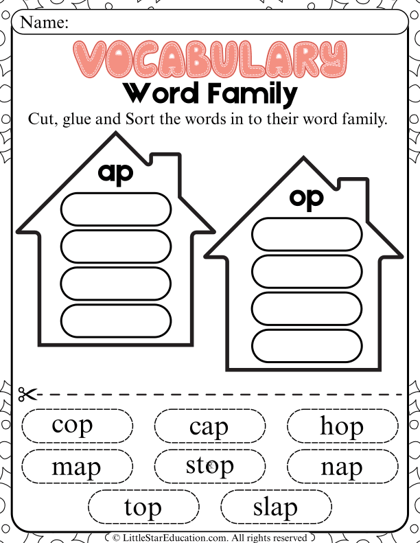 Cut and Sort Word Family Practice for Kindergarten Reading