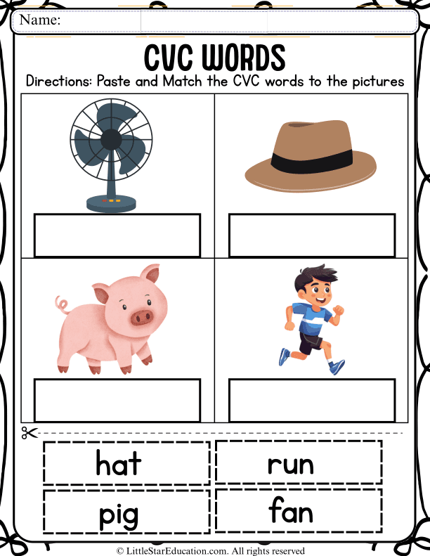 CVC Word Matching Cut and Paste for Kindergarten Reading Skills