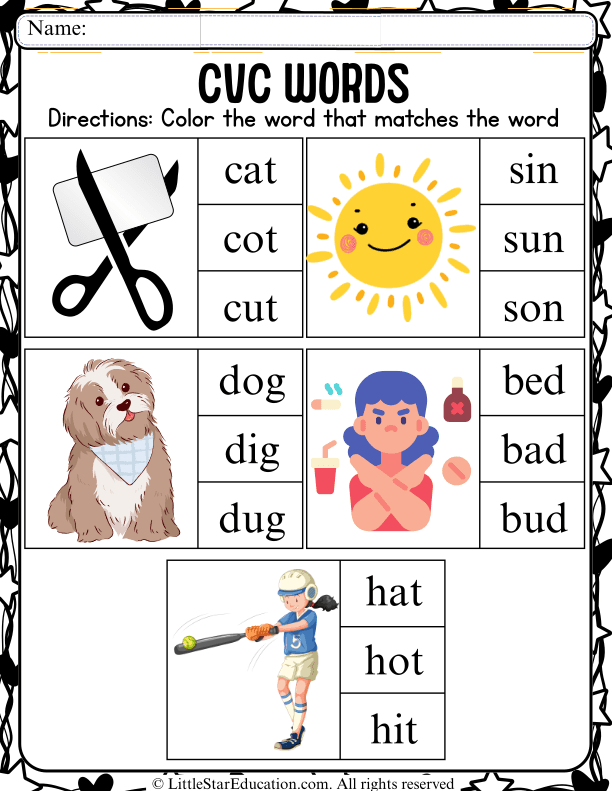CVC Word Recognition and Coloring for Kindergarten Literacy