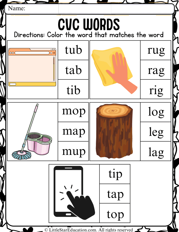 CVC Word Recognition and Coloring for Kindergarten Reading Skills