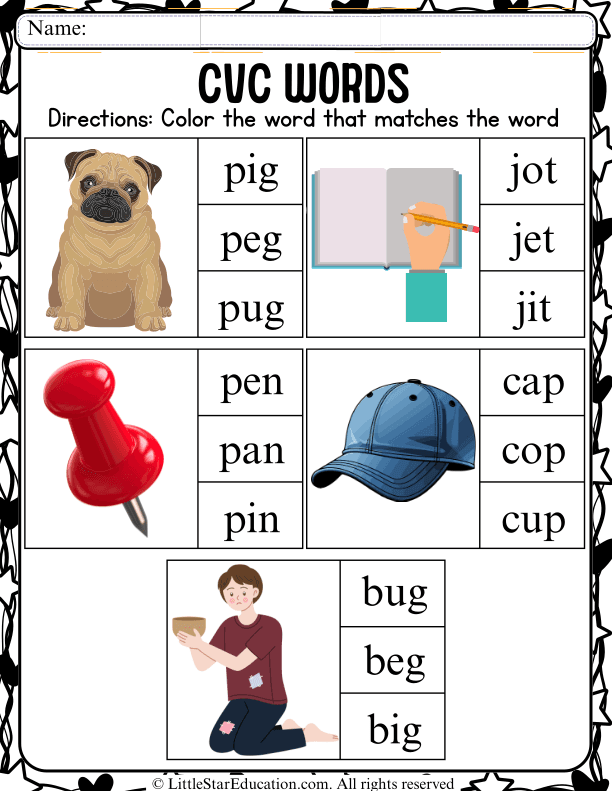 CVC Word Recognition Practice for Kindergarten and First Grade