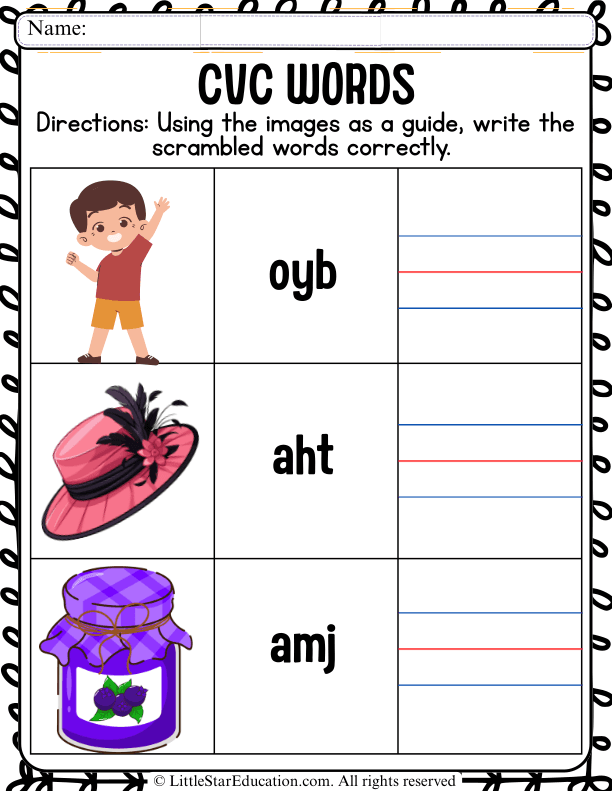 CVC Word Unscramble Practice for Kindergarten and First Grade