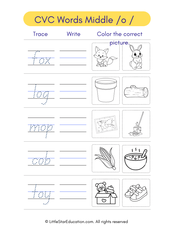 Cvc Words Middle O Writing Activity Worksheet