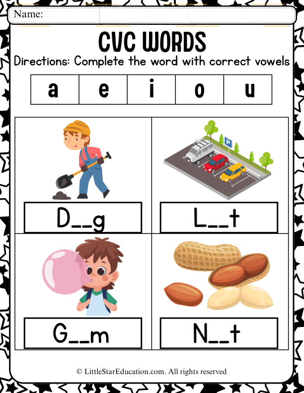 CVC Words Missing Vowel Practice for Kindergarten Reading