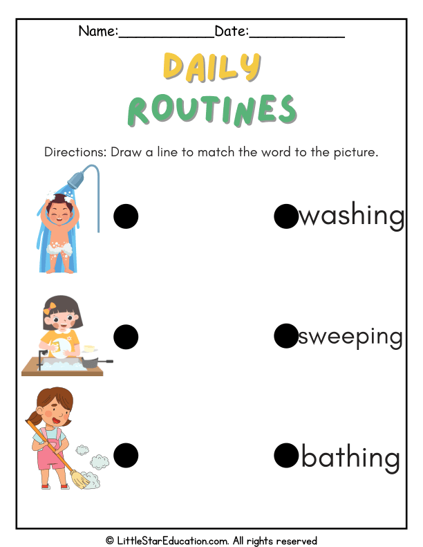 Daily Routine Word and Picture Matching for Early Readers