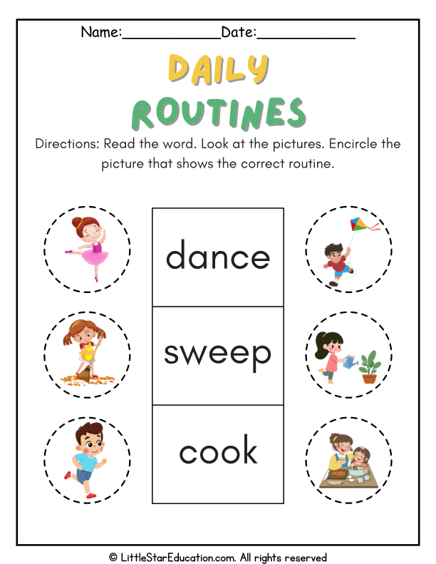 Daily Routines Picture Word Match for Pre-K and Kindergarten