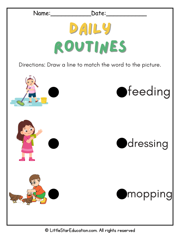 Daily Routines Word and Picture Matching for Early Readers