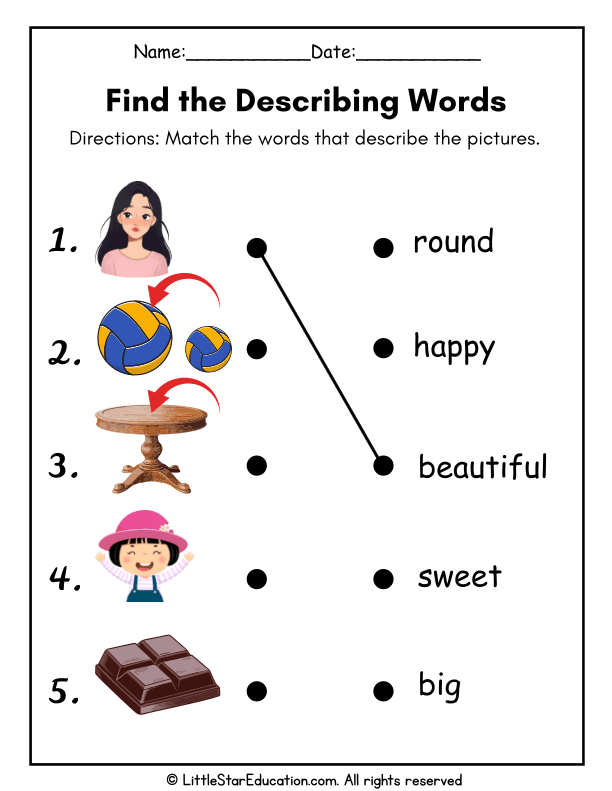 Describing Words Matching for First Grade English Language Arts
