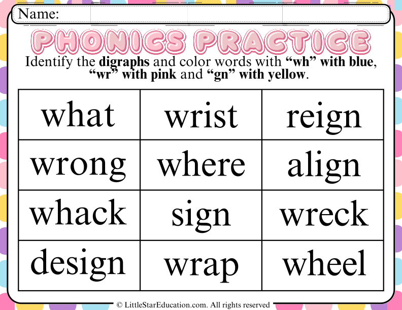 Digraph Identification and Color Word Practice for Early Readers