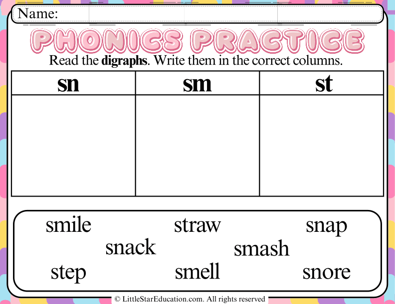 Digraph Sorting Practice: sn, sm, st Words for Early Readers