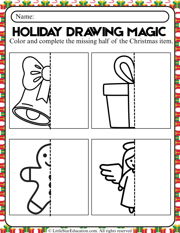 Draw and Color Missing Halves: Christmas Art for Pre-K and Kindergarten