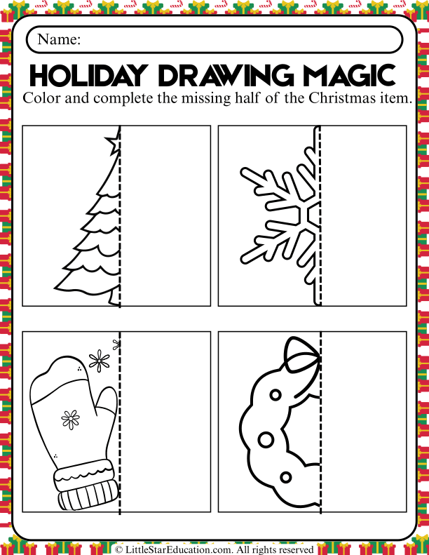 Draw and Color the Missing Half: Holiday Art for Early Learners