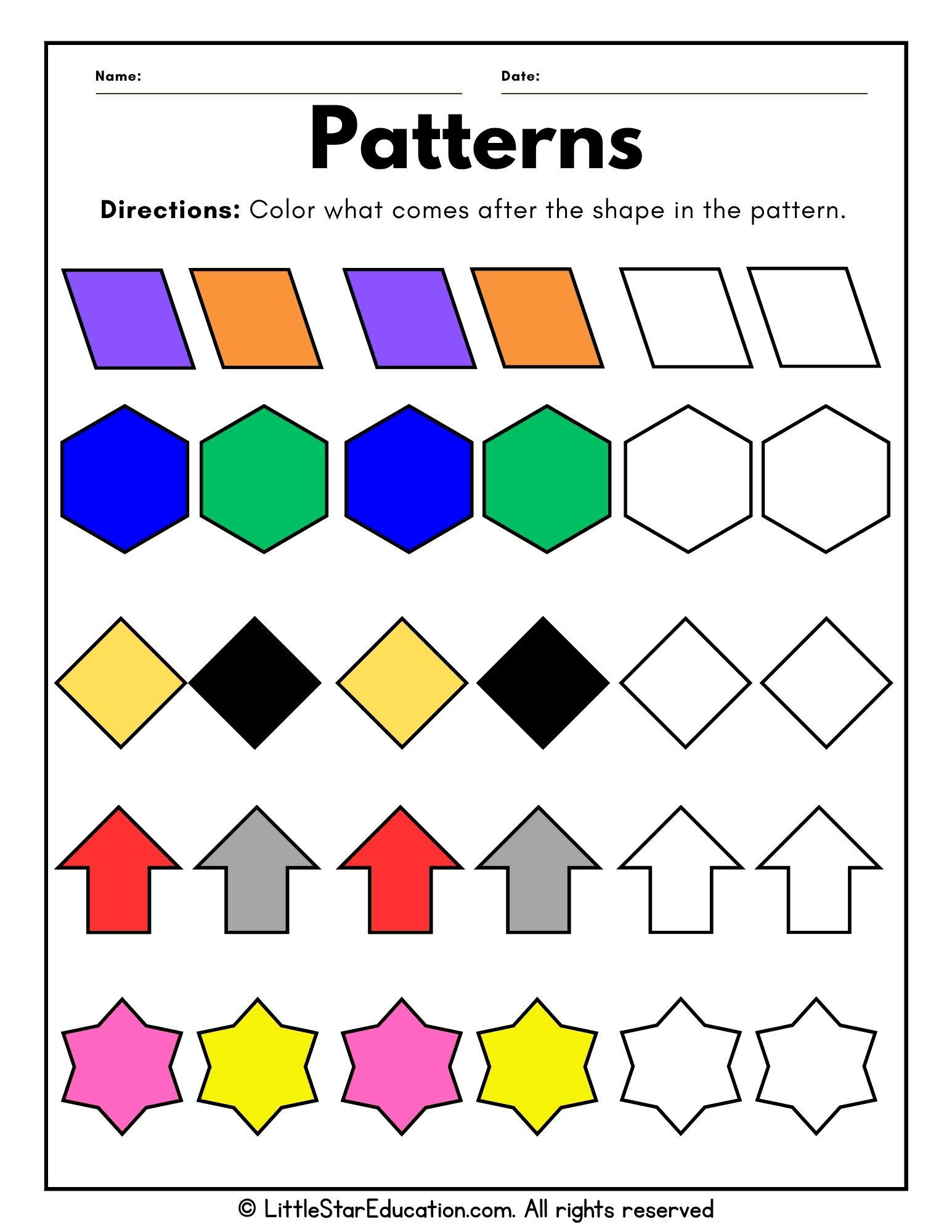 Early Math Skills Patterns Practice for First and Second Grade Students