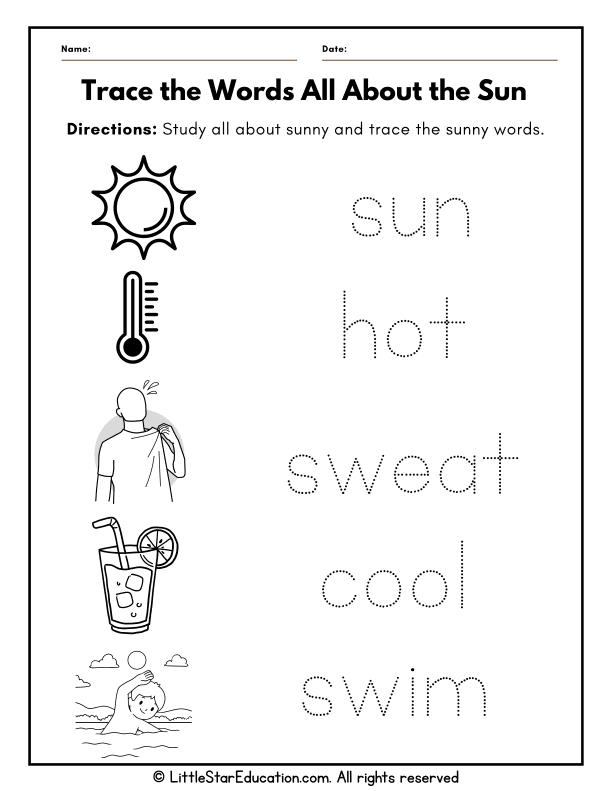 Early Science Skills: Sun Vocabulary Tracing for Preschool Kids