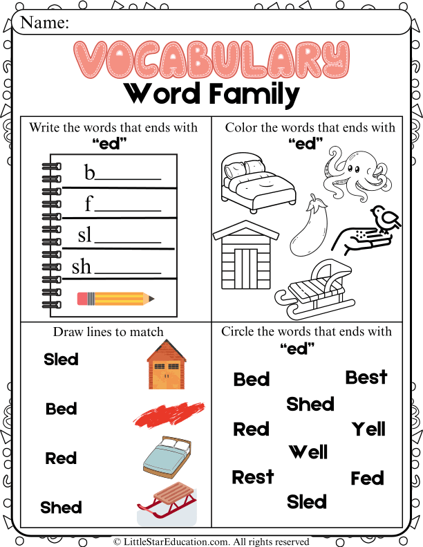 ed Word Family Phonics Practice for Kindergarten and First Grade