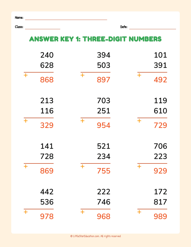 Elementary Addition Three Digit Numbers Basic
