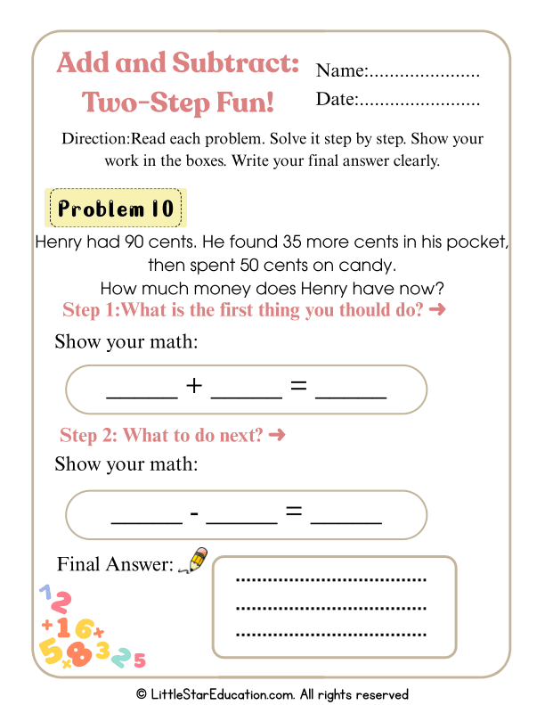 First & Second Grade Two-Step Math Problems