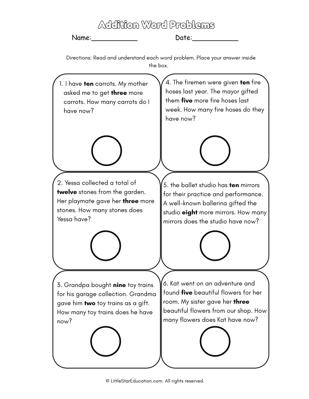 First Grade Addition Word Problem Practice for Early Math Skills