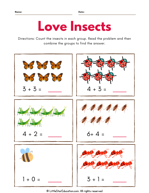First Grade Math Addition Practice with Fun Insect Counting