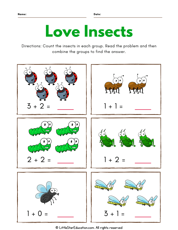 First Grade Math Addition Practice with Fun Insect Counting