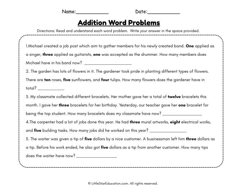 First Grade Math Addition Word Problems for Real-Life Practice