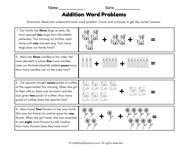 First Grade Math Addition Word Problems with Pictures
