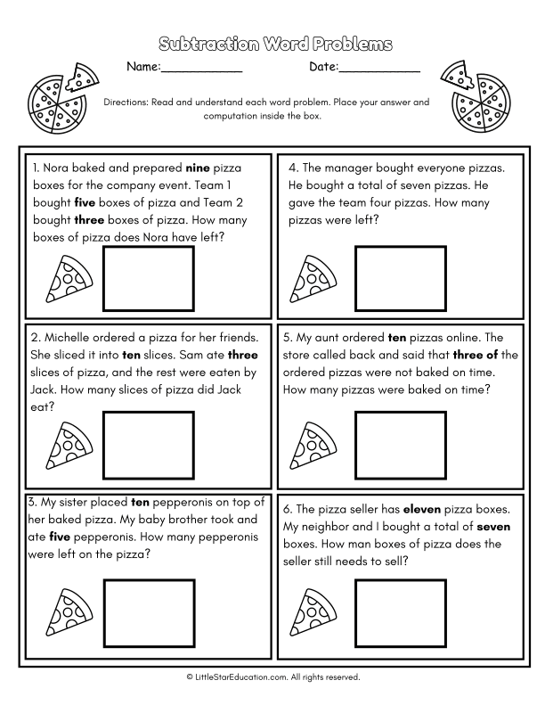 First Grade Math Subtraction Word Problems with Pizza Theme