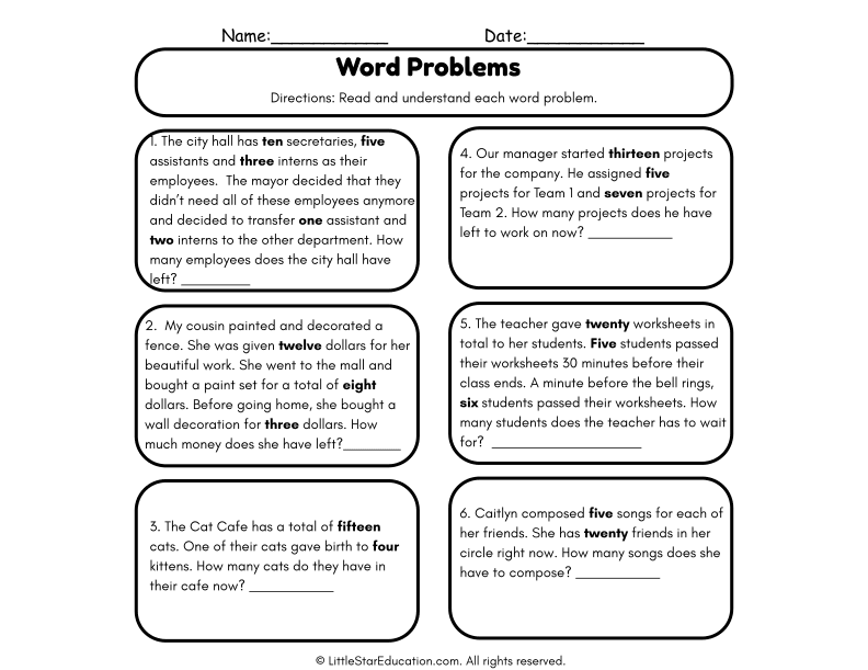 First Grade Math Word Problems for Critical Thinking Skills