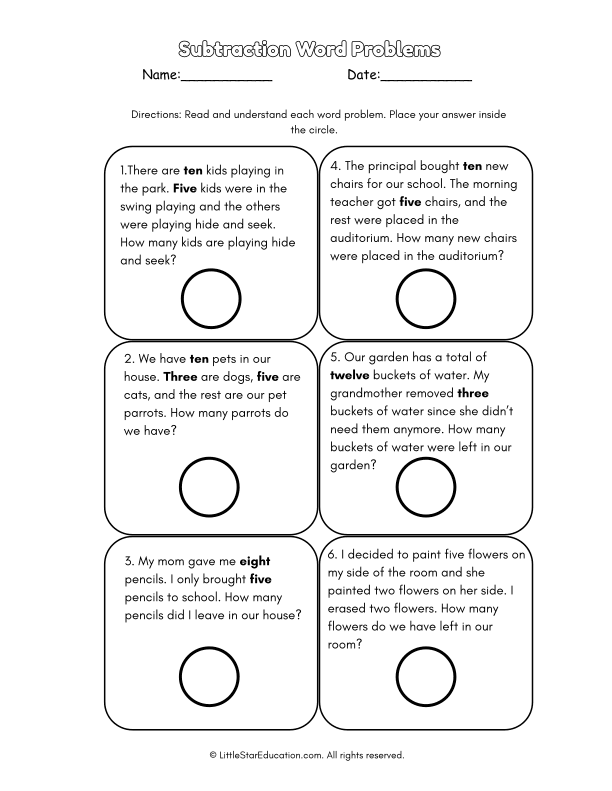 First Grade Subtraction Word Problems for Math Practice