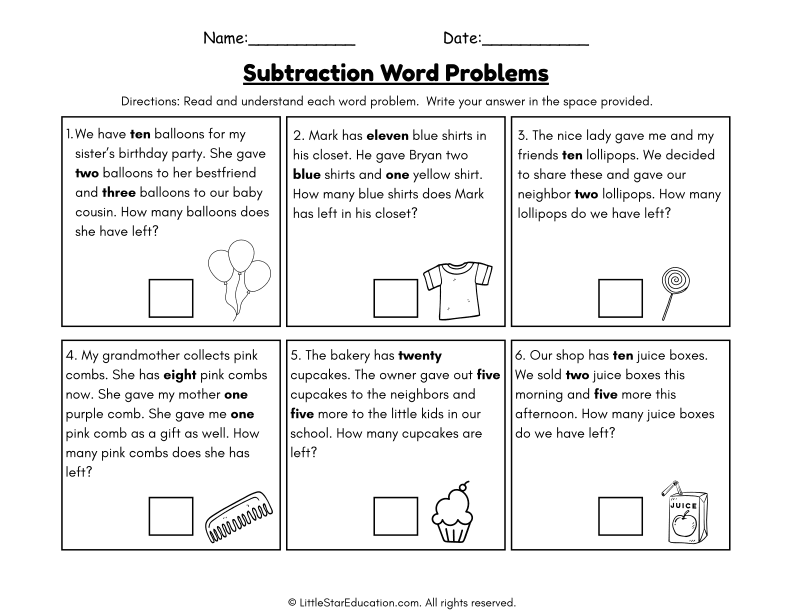 First Grade Subtraction Word Problems for Math Story Practice