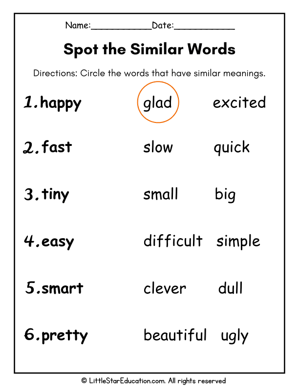 First Grade Synonyms Practice: Identify Similar Meaning Words