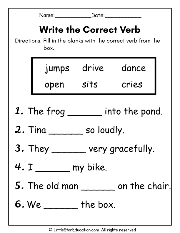 First Grade Verb Practice: Fill-in-the-Blank Sentences for ELA