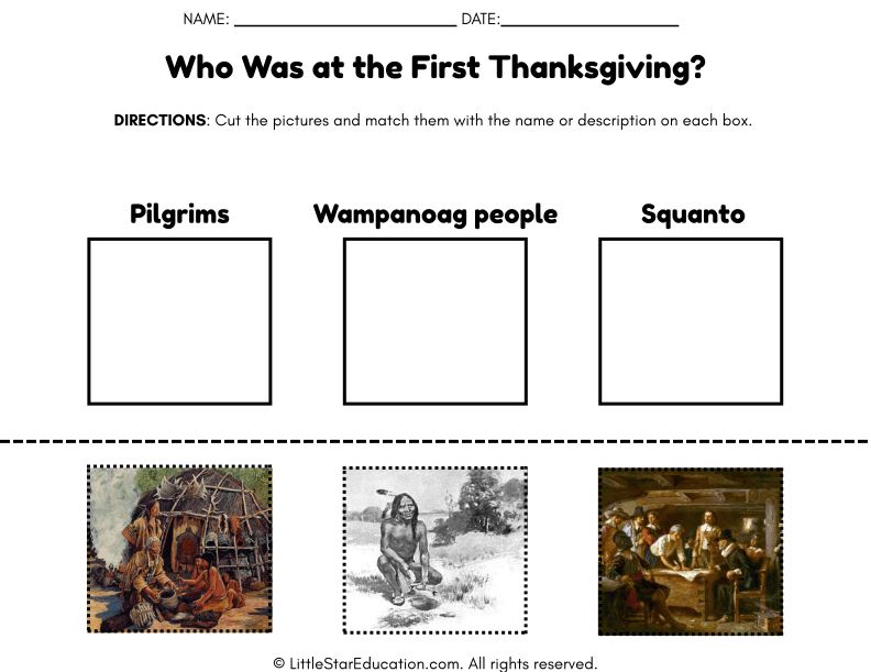 First Thanksgiving Pilgrims and Wampanoag Cut and Match Social Studies