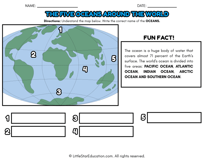 Five Oceans Map Labeling for Elementary Geography