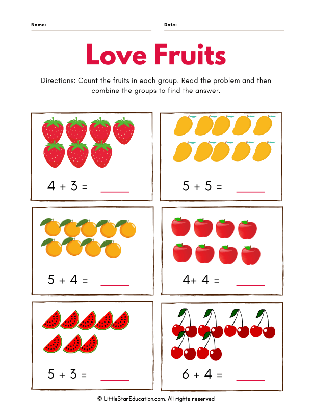 Fruit-Themed Addition Problems for First Grade Math Skills