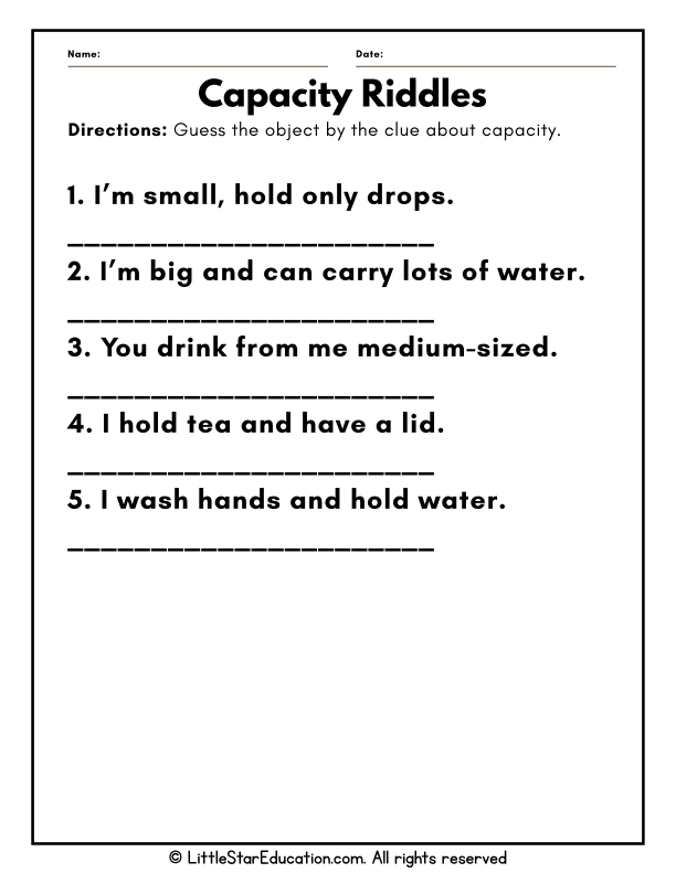 Fun Capacity Riddles for Kids: Measurement Practice in Math