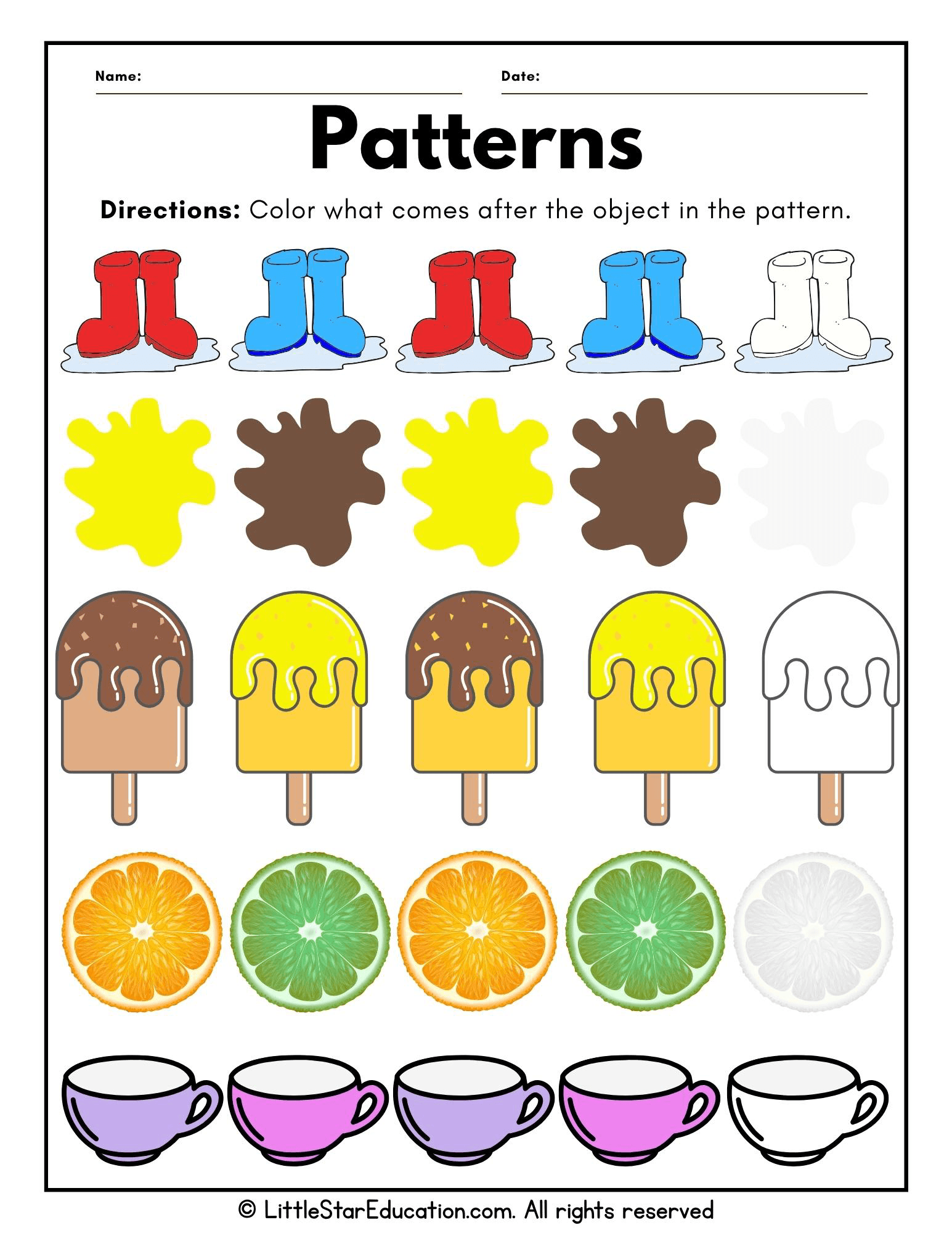 Fun Color Patterns Worksheet for Preschool – Finish the Sequence by Coloring