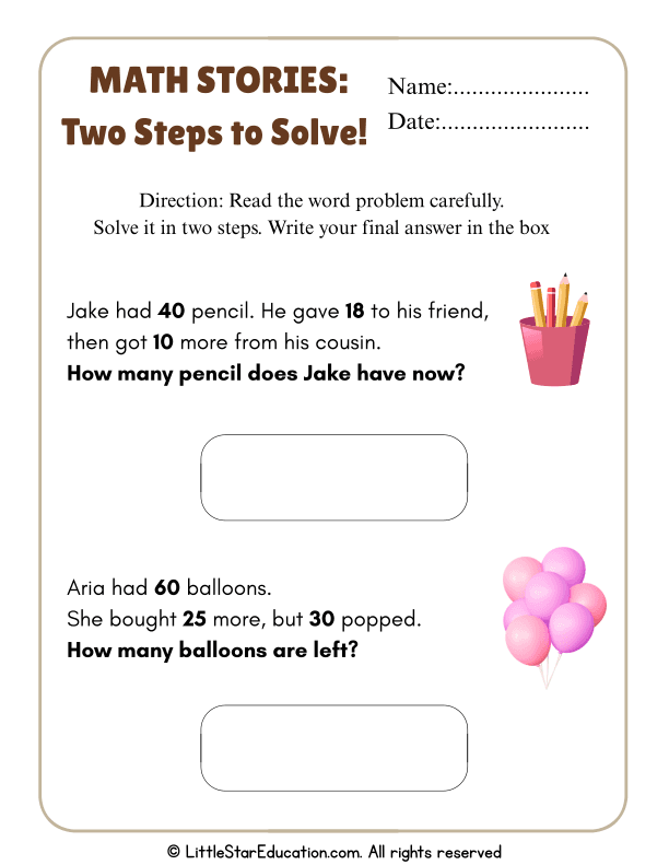 Grade 1 and 2 Word Problems: Two-Step Addition and Subtraction