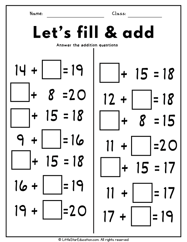Grade 1 Numbers and Addition to 20 Printable Worksheets
