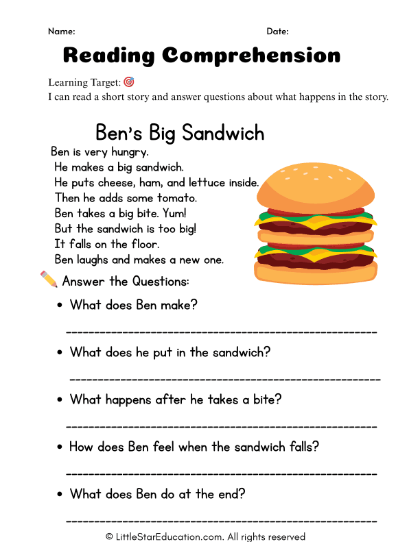 Grade 1 Reading Comprehension Ben’s Big Sandwich Worksheet