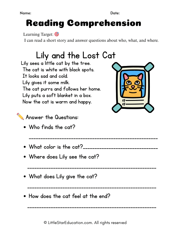 Grade 1 Reading Comprehension Lily and the Lost Cat Worksheet