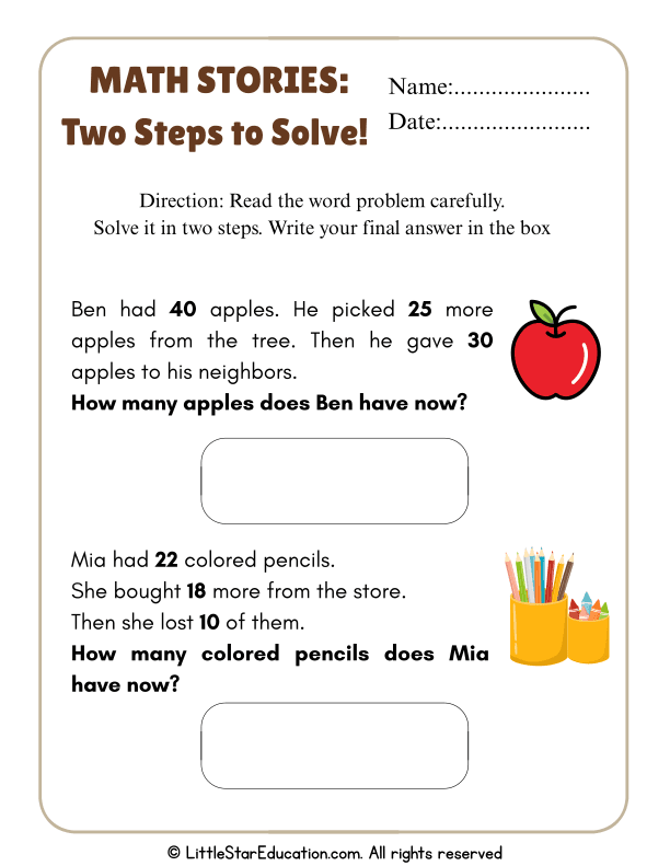Grade 1–2 Math: Two-Step Word Problem Worksheets