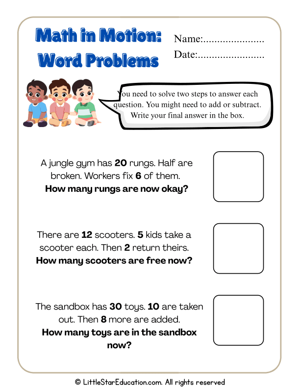Grade 1–2 Math Word Problems: Two-Step Addition & Subtraction