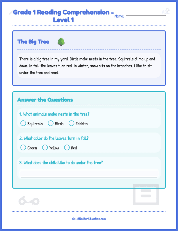 Grade 1 Reading Comprehension Level 1 Fall Leaves 1 Worksheets